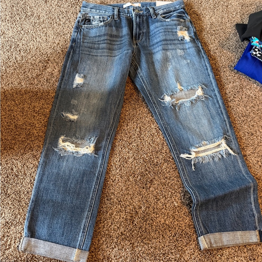 KanCan women’s Distressed Straight-Leg cuffed Blue Jeans 5/26